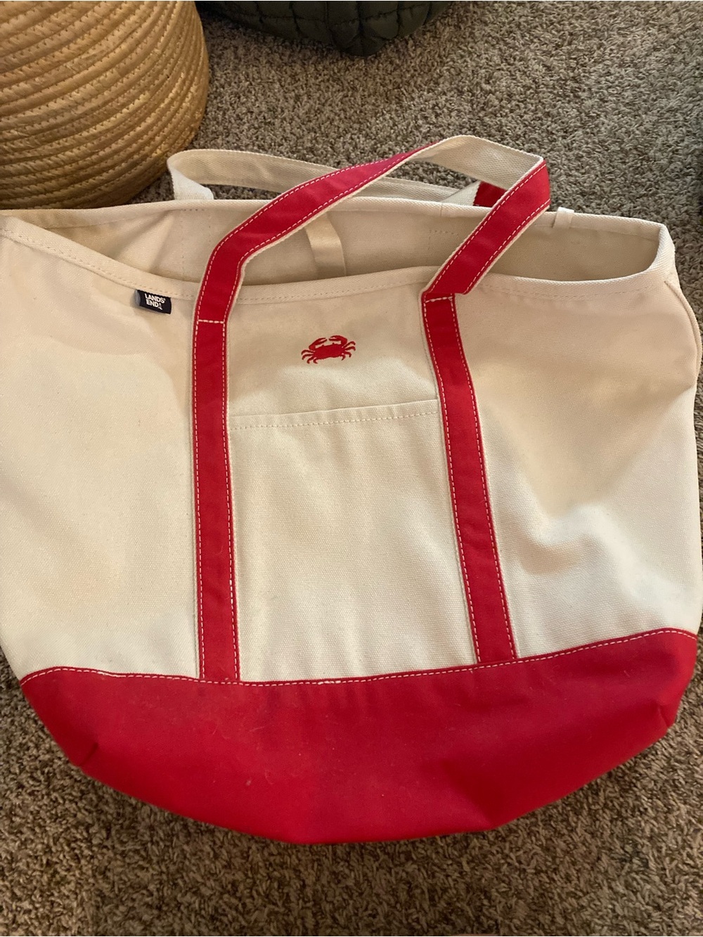 Lands' End Cream Canvas Tote with Red Trim and Crab Accent